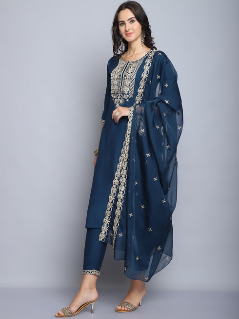 Navy Blue Embroidery silk Kurta And Pant Set With Dupatta