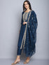 Navy Blue Embroidery silk Kurta And Pant Set With Dupatta