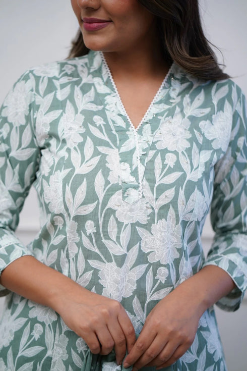 Viscose Floral Printed Green Kurta And Pant Set With Dupatta