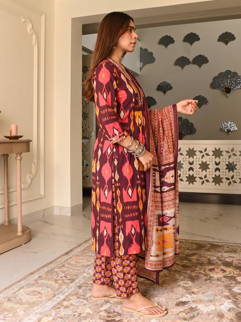 Women’s Printed Kurta Pant Dupatta Set | Ethnic Straight Kurta Set for Women | V-Neck 3/4 Sleeve Regular Fit Indian Suit Set
