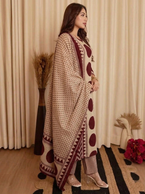 Alvami Women's Maroon & Beige Printed Viscose Straight Kurta Set with Dupatta | Trendy Ethnic Wear