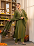 Alvami Women’s Green Embroidered Straight Silk Kurta Pant With Dupatta Set