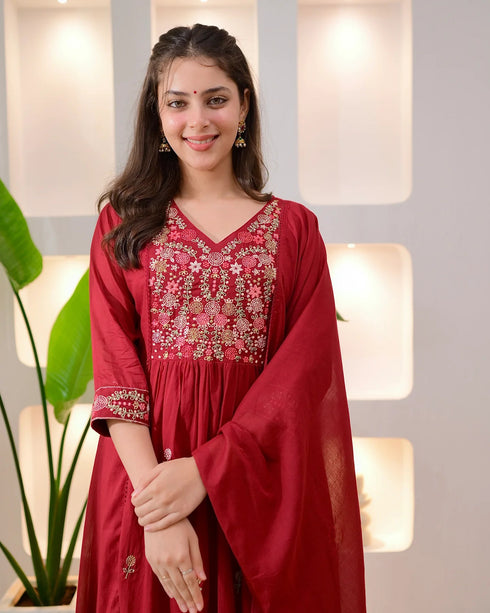 Alvami Women's Red Embroidered Silk Anarkali Suit Set with Dupatta | Premium Festive Ethnic Wear