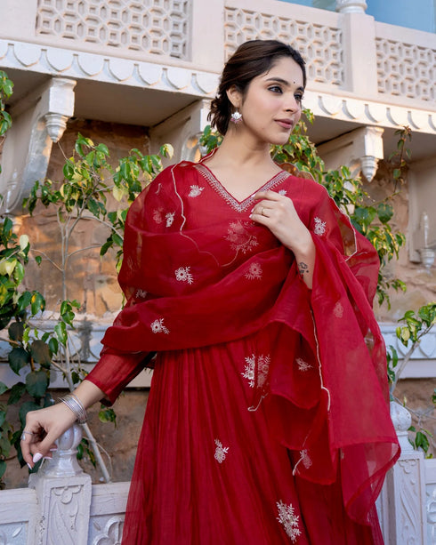 Women Red Silk Embroidered Anarkali Kurta Set with Dupatta