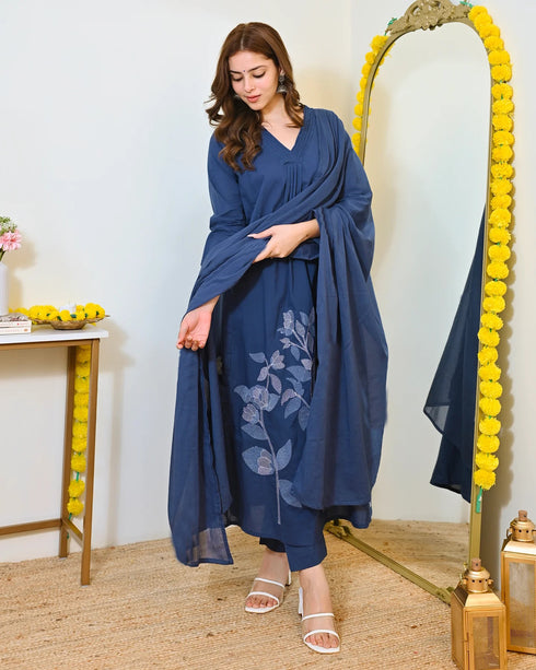 Alvami Women’s Blue Viscose A-Line Kurta with Floral Design & Pant With Dupatta Set