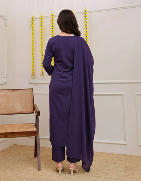 Alvami Women Purple Viscose Straight Kurta with Embroidered Neckline & Pant With Dupatta Set