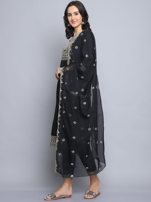 Black Embroidery silk Kurta And Pant Set With Dupatta