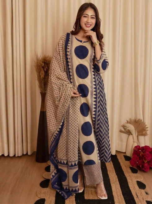 Alvami Women's Morepeach & Beige Printed Viscose Straight Kurta Set with Dupatta | Trendy Ethnic Wear