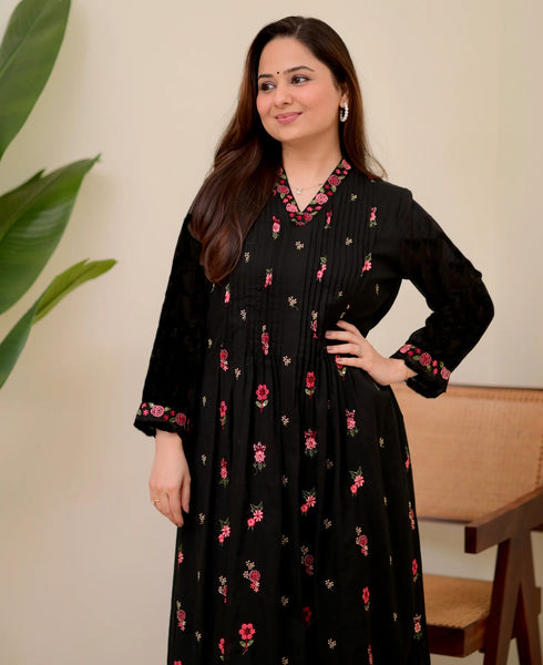 Alvami Women’s Black Silk Floral Embroidered Anarkali Kurta Pant with Dupatta Set