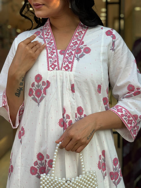 Alvami Women’s Pink Floral Printed A-Line Kurta Pant With Dupatta Set