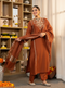 Alvami Women’s Rust Embroidered Straight Silk Kurta Pant With Dupatta Set
