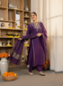 Alvami Women’s Purple Embroidered Straight Silk Kurta Pant With Dupatta Set