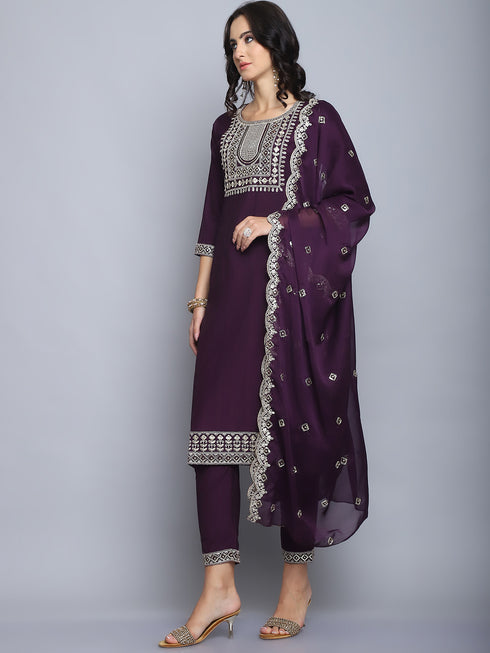 Wine Embroidery silk Kurta And Pant Set With Dupatta