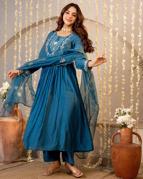 Alvami Women’s Premium Morepeach Silk Embroidered Anarkali Kurta Pant With Dupatta Set