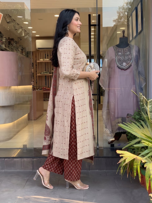 Alvami Women Maroon&Beige Viscose Printed Straight Kurta Set with Printed Palazzo Pants & Dupatta