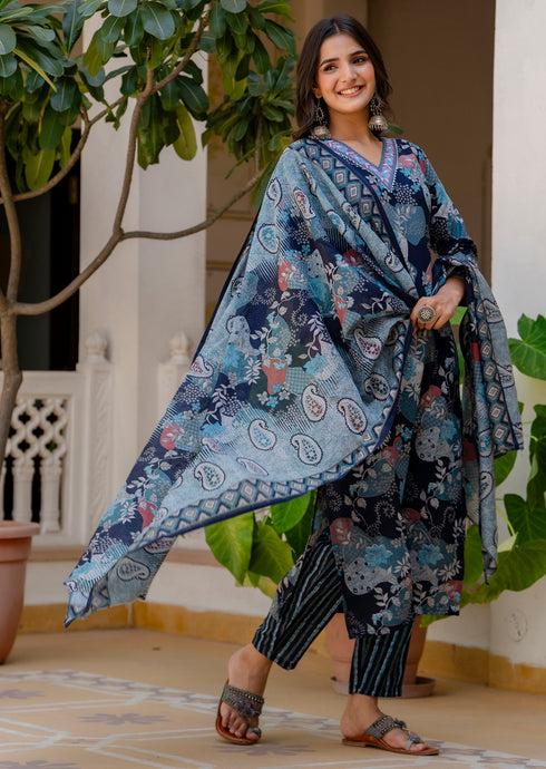 Viscose Blue A-Line Kurta And Pant Set With Dupatta