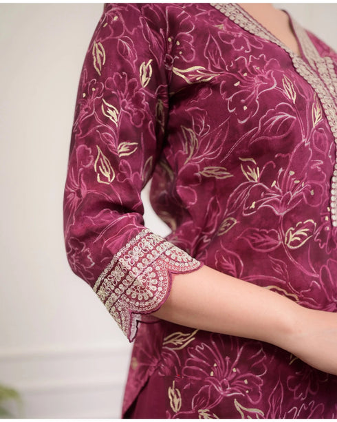 Wine Embroidery Viscose Rayon Kurta, Pant And Dupatta Set