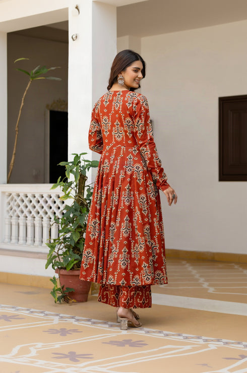 Alvami Women’s Red Printed Angrakha Kurta Pant With Dupatta Set