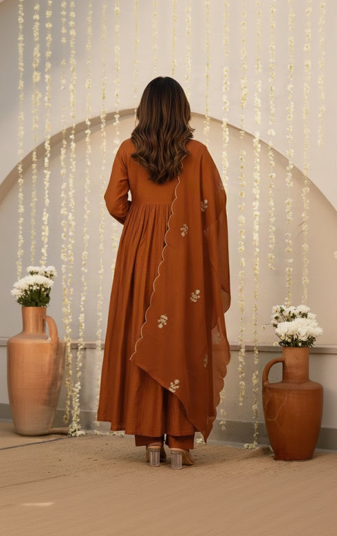Alvami Women’s Premium Rust Silk Embroidered Anarkali Kurta Pant With Dupatta Set