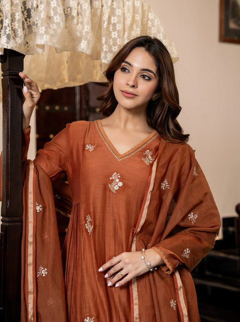 Alvami Women Orange Embroidered Silk Anarkali Kurta Pant with Dupatta Set