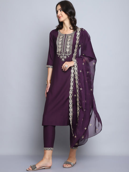 Wine Embroidery silk Kurta And Pant Set With Dupatta