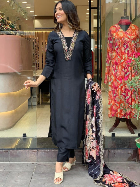 Viscose Black A-Line Kurta And Pant Set With Dupatta