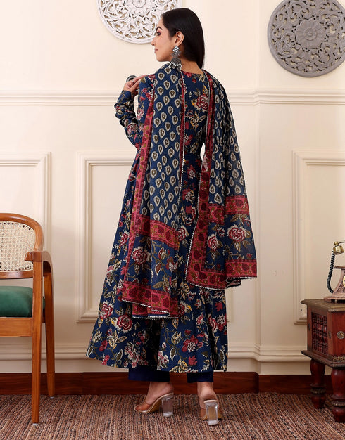 Women Blue Floral Printed Anarkali Kurta Pant Set with Dupatta