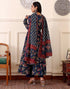Women Blue Floral Printed Anarkali Kurta Pant Set with Dupatta