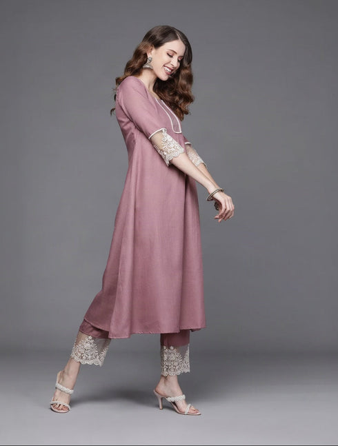 Alvami Women’s Pink Solid A-Line Silk Kurta Set with Dupatta Lace Detail