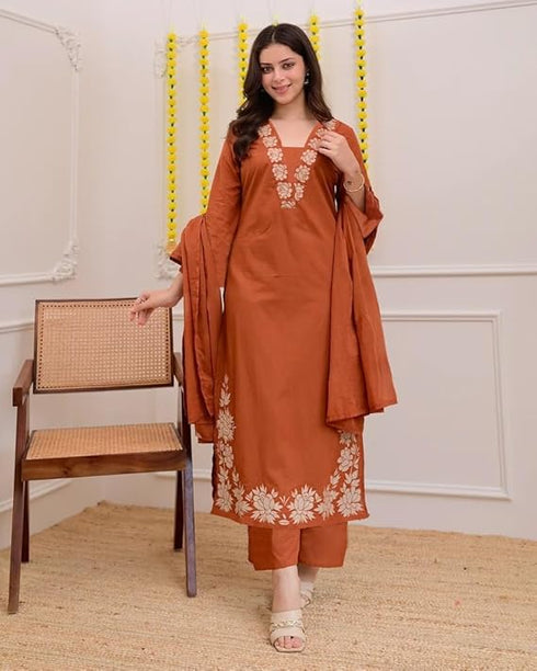 Alvami Women Rust Viscose Straight Kurta with Embroidered Neckline & Pant With Dupatta Set