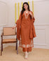 Alvami Women Rust Viscose Straight Kurta with Embroidered Neckline & Pant With Dupatta Set