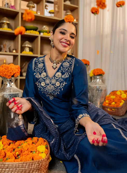 Alvami Women’s Blue Embroidered Straight Silk Kurta Pant With Dupatta Set