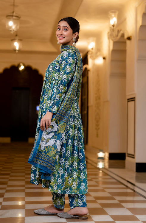 Green And Blue Printed Viscose Rayon Kurta, Pant And Dupatta Set
