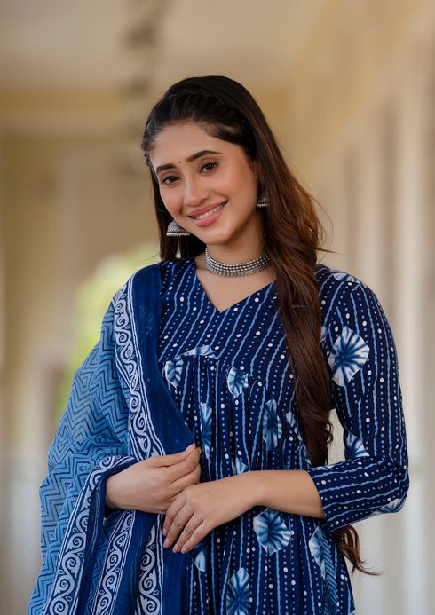 Blue Printed Viscose Rayon Kurta, Pant And Dupatta Set