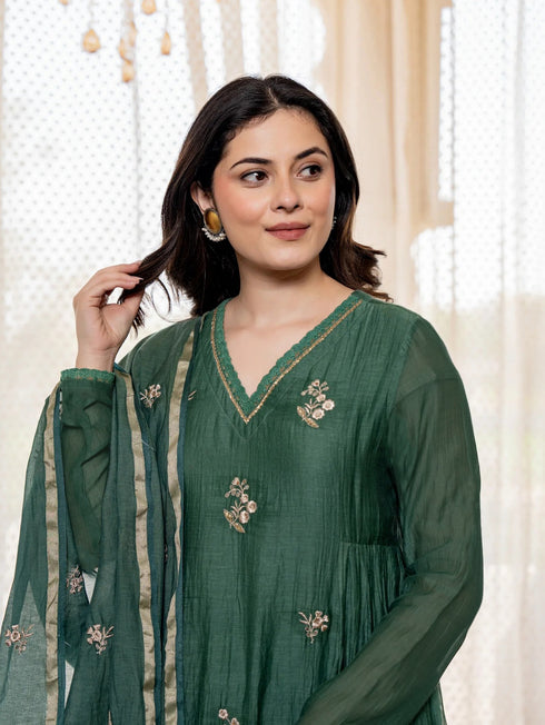 Alvami Women Green Embroidered Silk Anarkali Kurta Pant with Dupatta Set