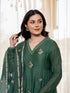 Alvami Women Green Embroidered Silk Anarkali Kurta Pant with Dupatta Set