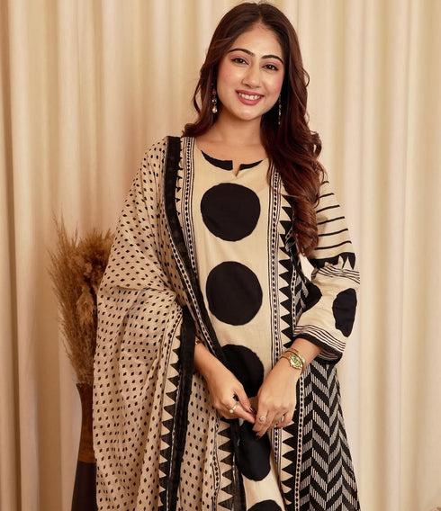 Alvami Women's Black & Beige Printed Viscose Straight Kurta Set with Dupatta | Trendy Ethnic Wear