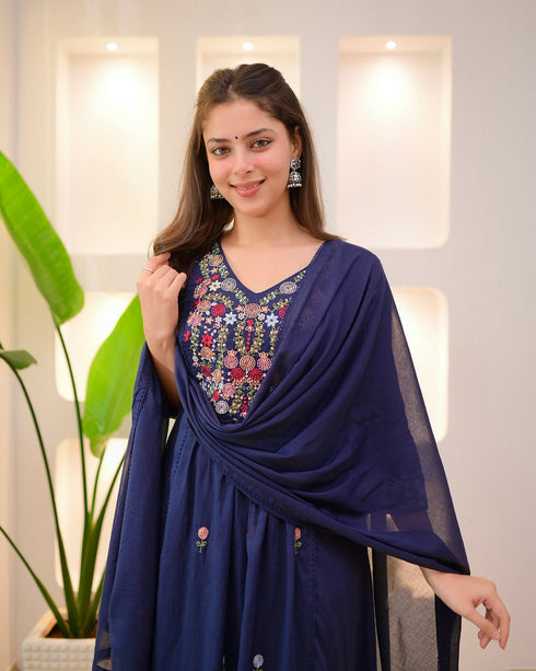 Alvami Women's Blue Embroidered Silk Anarkali Suit Set with Dupatta | Premium Festive Ethnic Wear