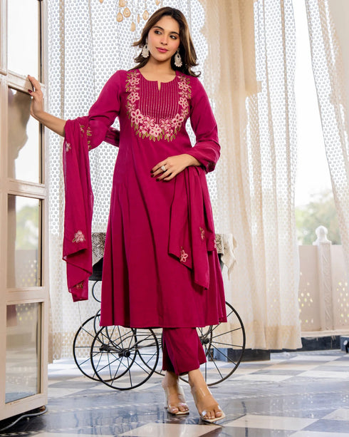 Alvami Women's Pink Embroidered Silk Anarkali Kurta Pant With Dupatta Set