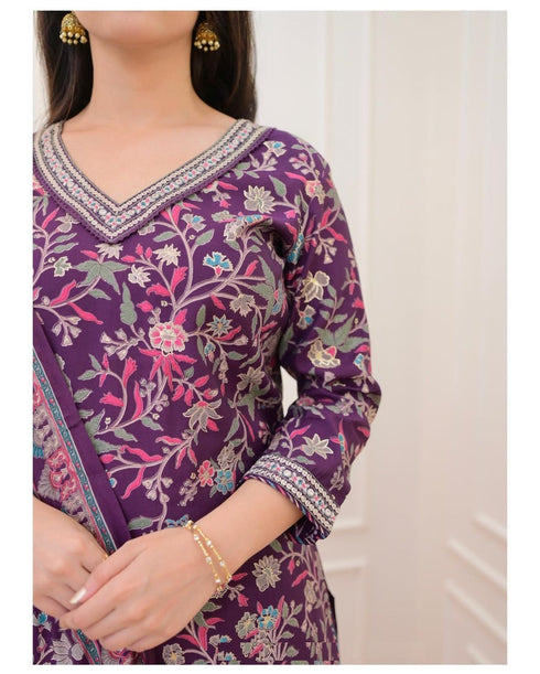 Purple Embroidery Viscose Rayon Kurta, Pant And Dupatta Set
