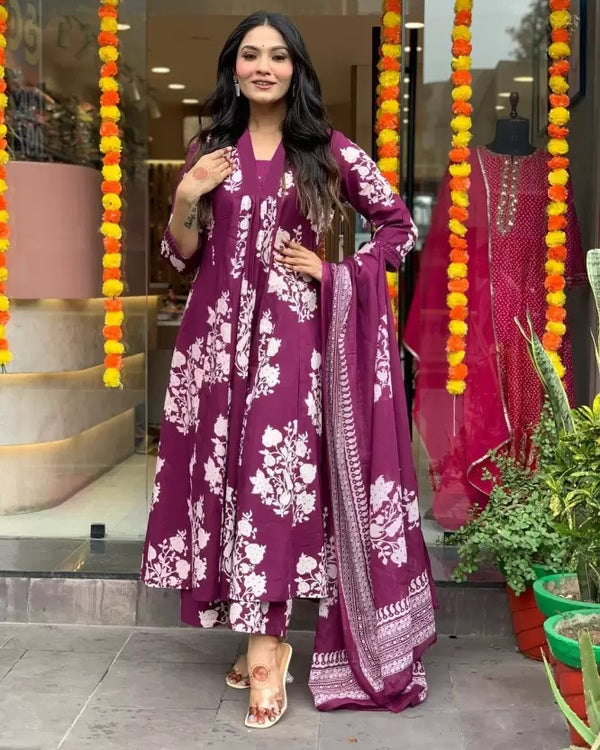 Women's Viscose Block Print Anarkali Kurti with Pant and Printed Dupatta Set