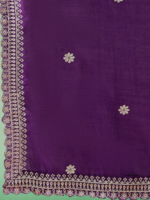 Purple Embroidery silk Kurta And Pant Set With Dupatta