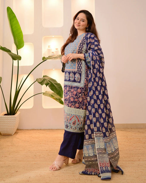 Alvami Women’s Blue Printed Viscose Straight Kurta Set with Dupatta