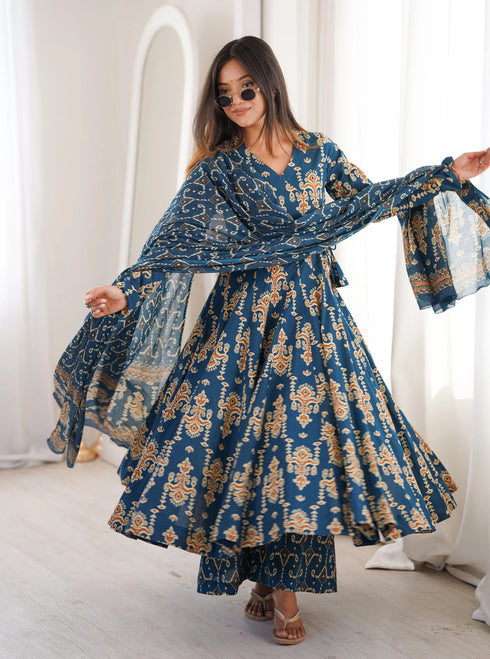 Alvami Women’s Blue Printed Angrakha Kurta Pant With Dupatta Set