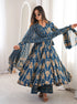 Alvami Women’s Blue Printed Angrakha Kurta Pant With Dupatta Set