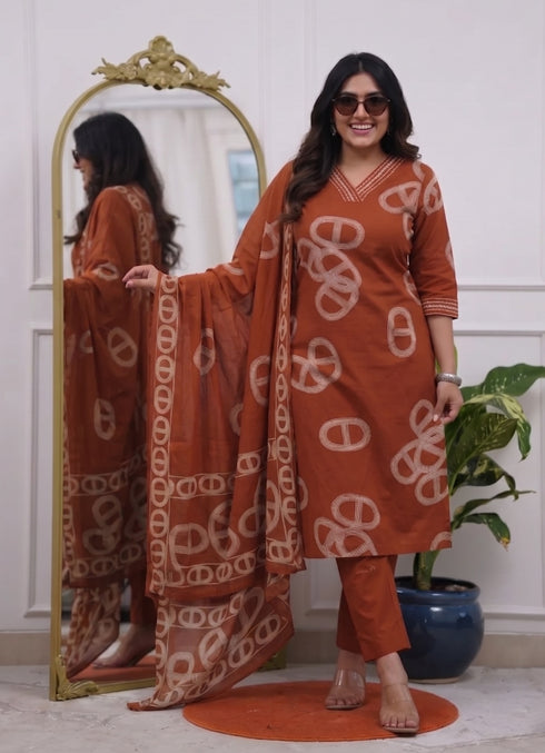 Alvami Women's Orange Viscose Printed Straight Kurta Pant with Dupatta Set