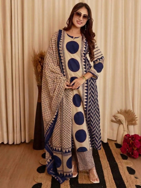 Alvami Women's Morepeach & Beige Printed Viscose Straight Kurta Set with Dupatta | Trendy Ethnic Wear