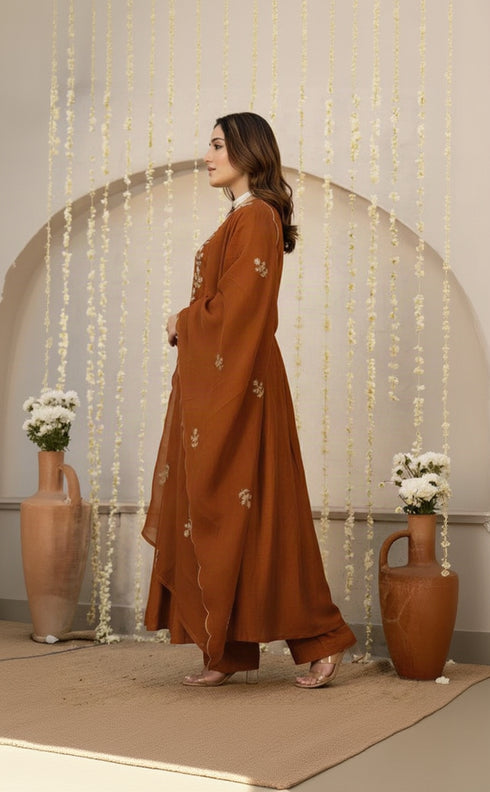 Alvami Women’s Premium Rust Silk Embroidered Anarkali Kurta Pant With Dupatta Set