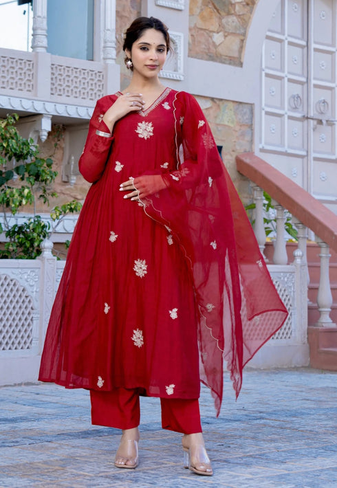 Women Red Silk Embroidered Anarkali Kurta Set with Dupatta
