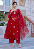 Women Red Silk Embroidered Anarkali Kurta Set with Dupatta